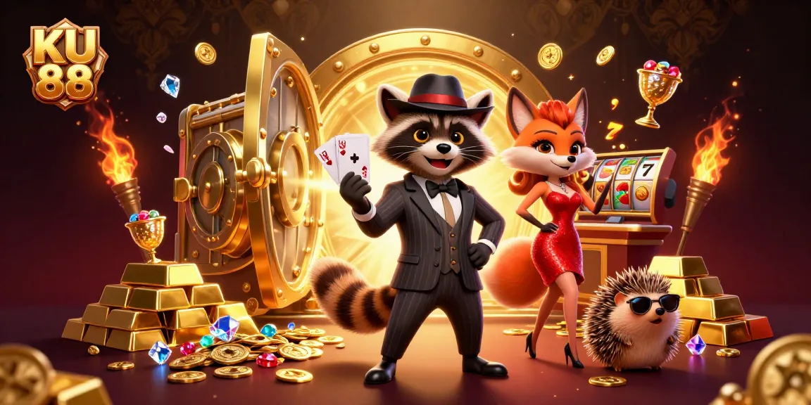 Join the excitement at KU 88 casino with a royal flush and scattered jewels in a dynamic illustration.