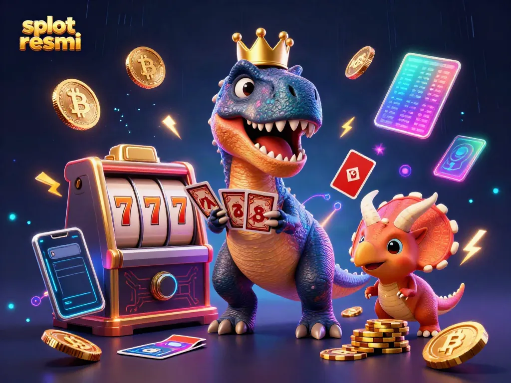 Engage with slot resmi as T-Rex and friends enjoy a casino adventure, shuffling cards and stacking chips.