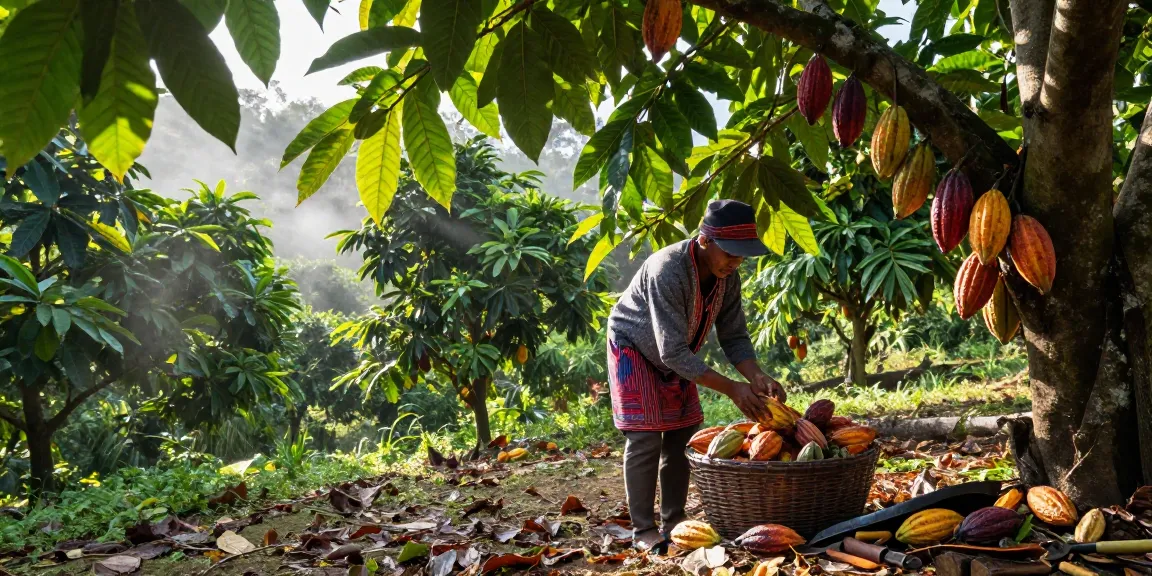 Harvesting cacao pods in lush tropical farm setting with m98 elements prominently featured.