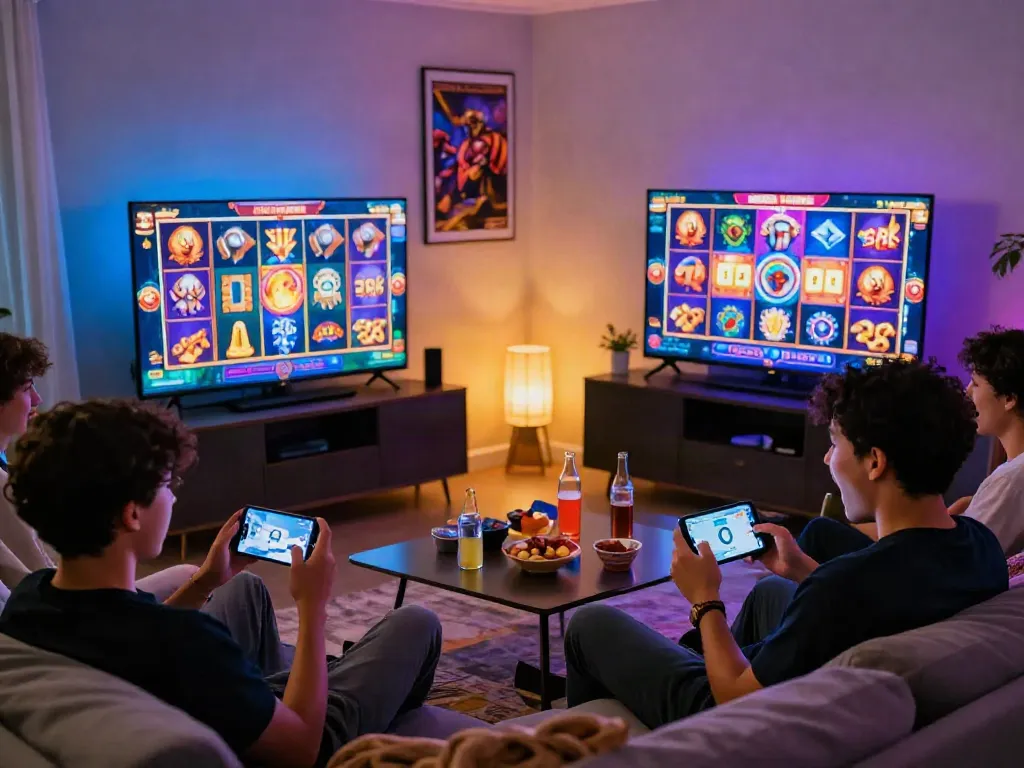Players enjoying slot online gacor in a lively home setting.