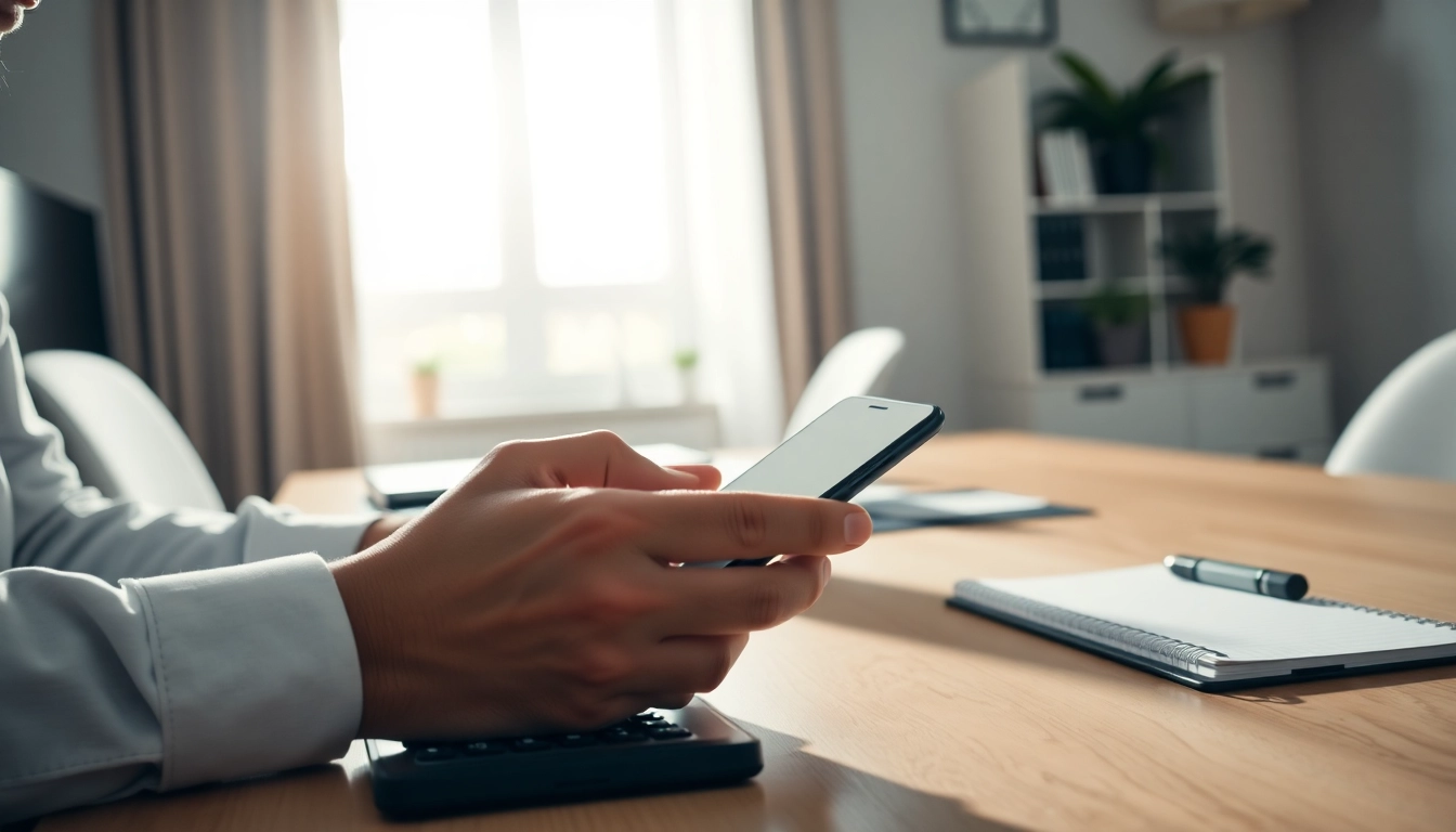 Evaluate cash for your phone options with a professional assessing smartphone value in a home office.