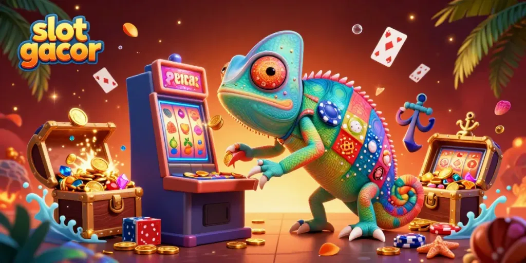 Engage with the exciting world of slot gacor, featuring dynamic elements like colorful slot reels and golden coins!