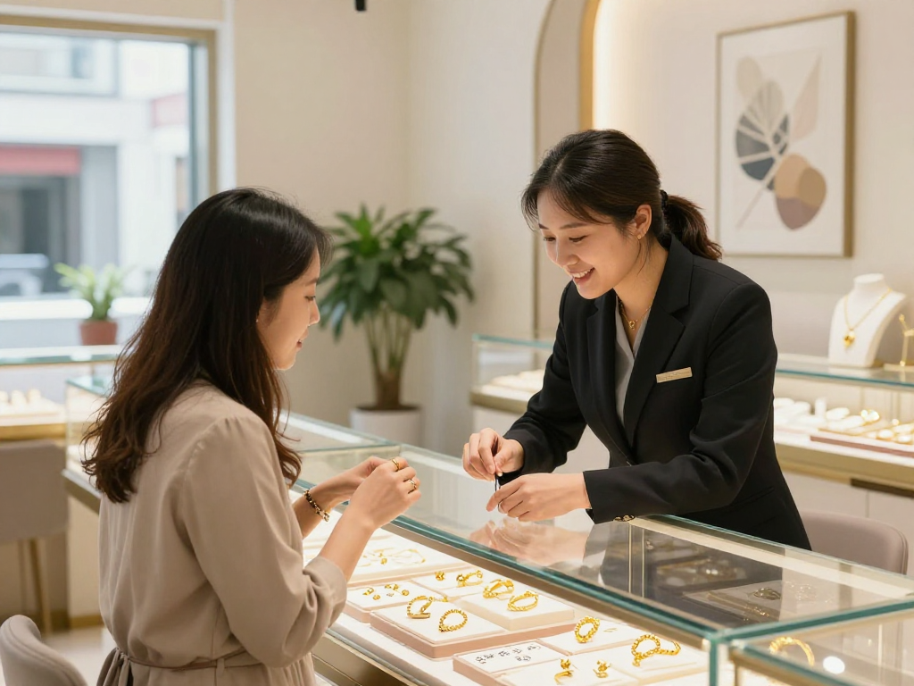 Checking gold jewelry and rates at a jewelry store including mantra88
