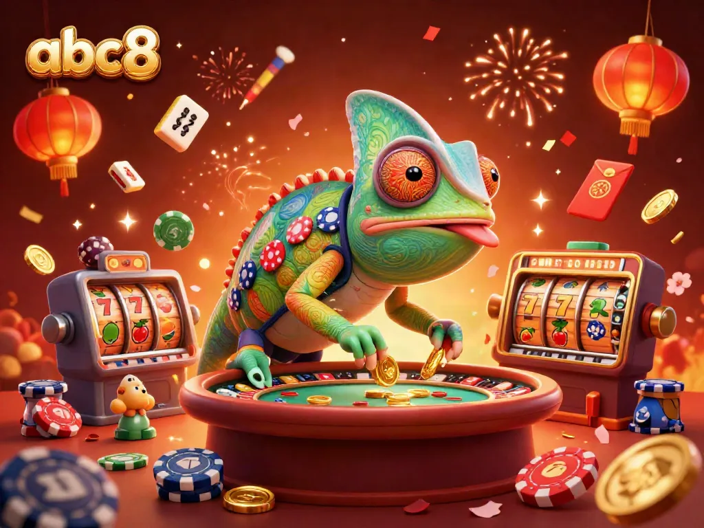 Experience the thrilling world of abc8 with a vibrant casino scene featuring colorful characters and slot game elements.