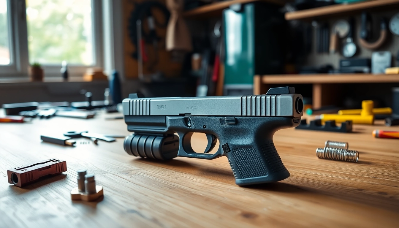 Showcasing a glock 17 gen 5 slide with detailed textures and craftsmanship in an atmospheric workshop setting.