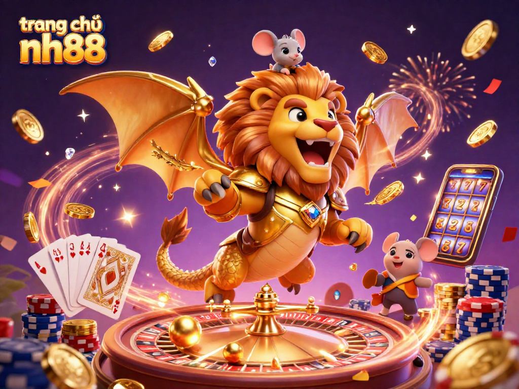 Experience the excitement of gambling with trang chủ nh88 in a vibrant 3D illustration featuring a mystical chimera and casino elements.