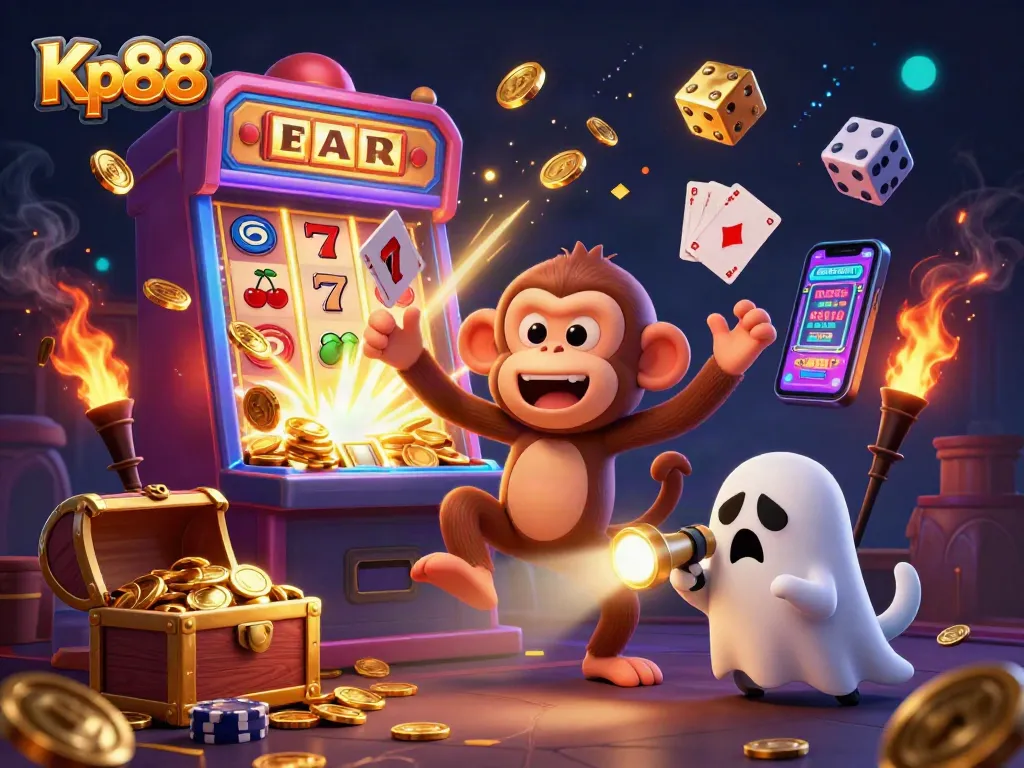 Kp88 features a playful poltergeist monkey juggling golden casino elements in a vibrant haunted casino scene, showcasing exciting gaming action.