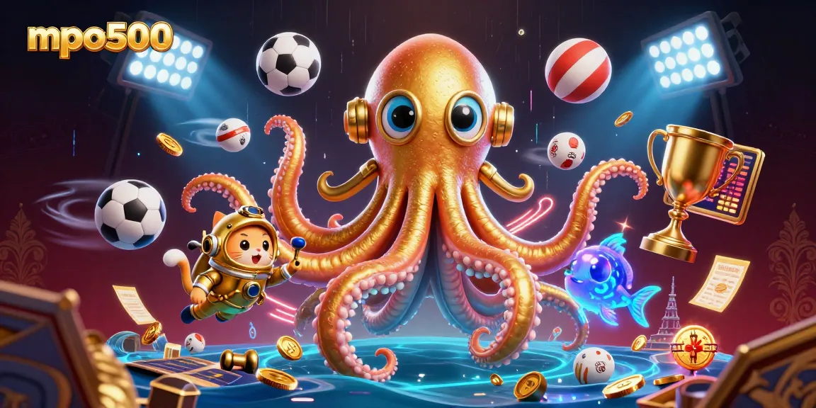 Experience the thrill of mpo500 with a dynamic illustration featuring a kraken, diving cat, and deep-sea fish amidst sports betting elements.