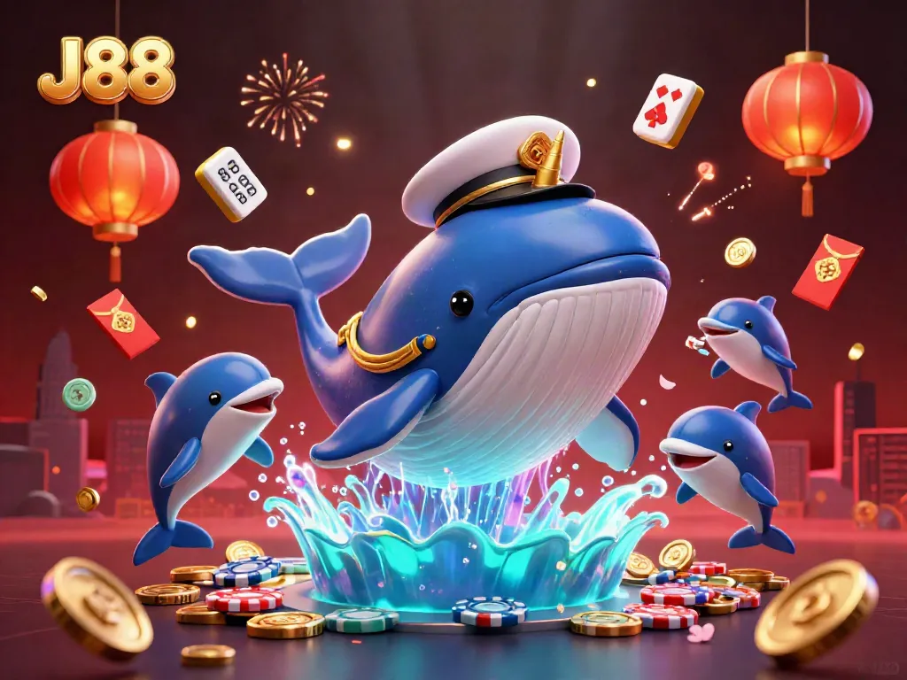 Engage with J88 through playful dolphins and a majestic whale amidst a sea of coins in a vibrant casino scene.