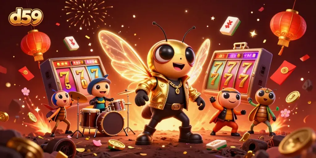 Engage in dynamic gameplay with the vibrant d59 casino scene filled with lively characters and symbolic game elements