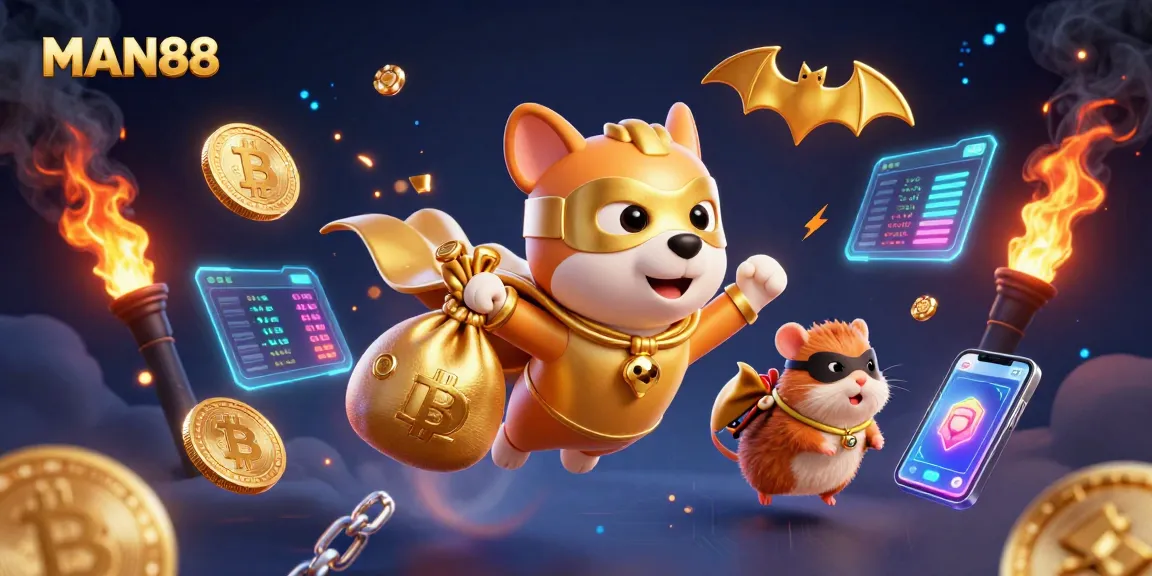 Experience exciting gambling adventures with MAN88, featuring a superhero dog and crypto coins.