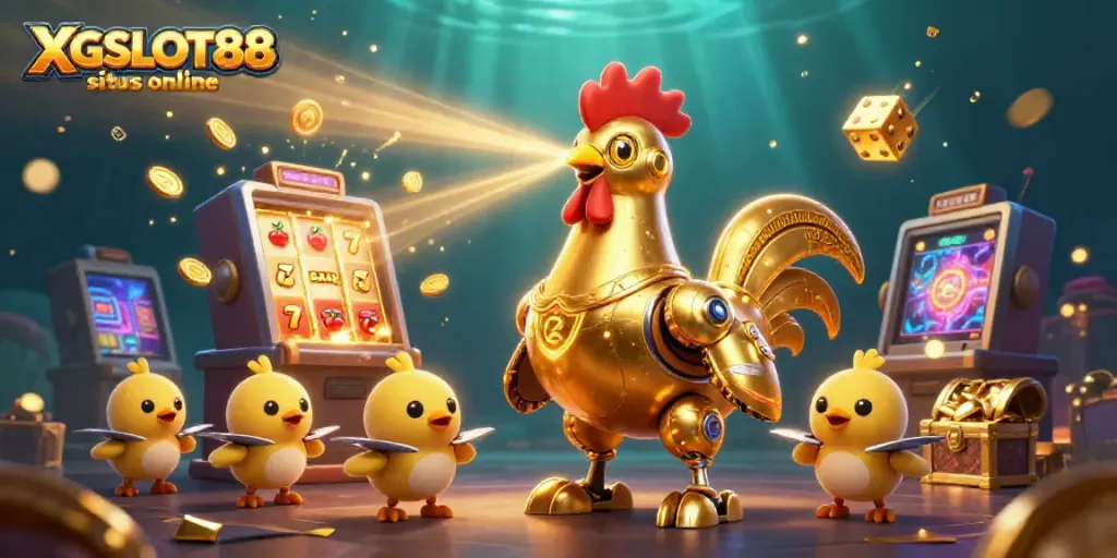 Menangkan XGSLOT88 situs online dengan robot ayam emas futuristik dan mesin slot jackpot yang mengeluarkan koin.