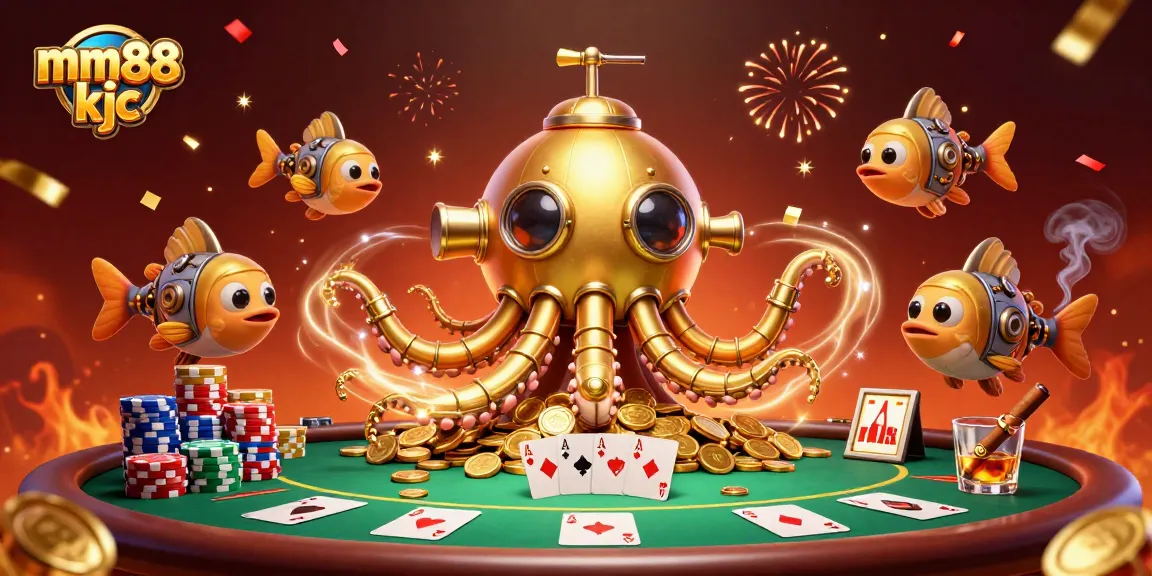 Experience the thrilling world of mm88 kjc with a golden kraken submarine amidst poker excitement and gold coins.