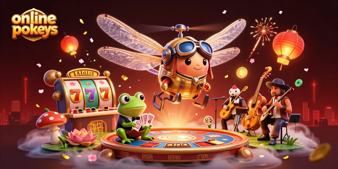 Experience online pokies excitement with a dragonfly pilot, frog croupier, and jazz band in a vibrant casino scene.