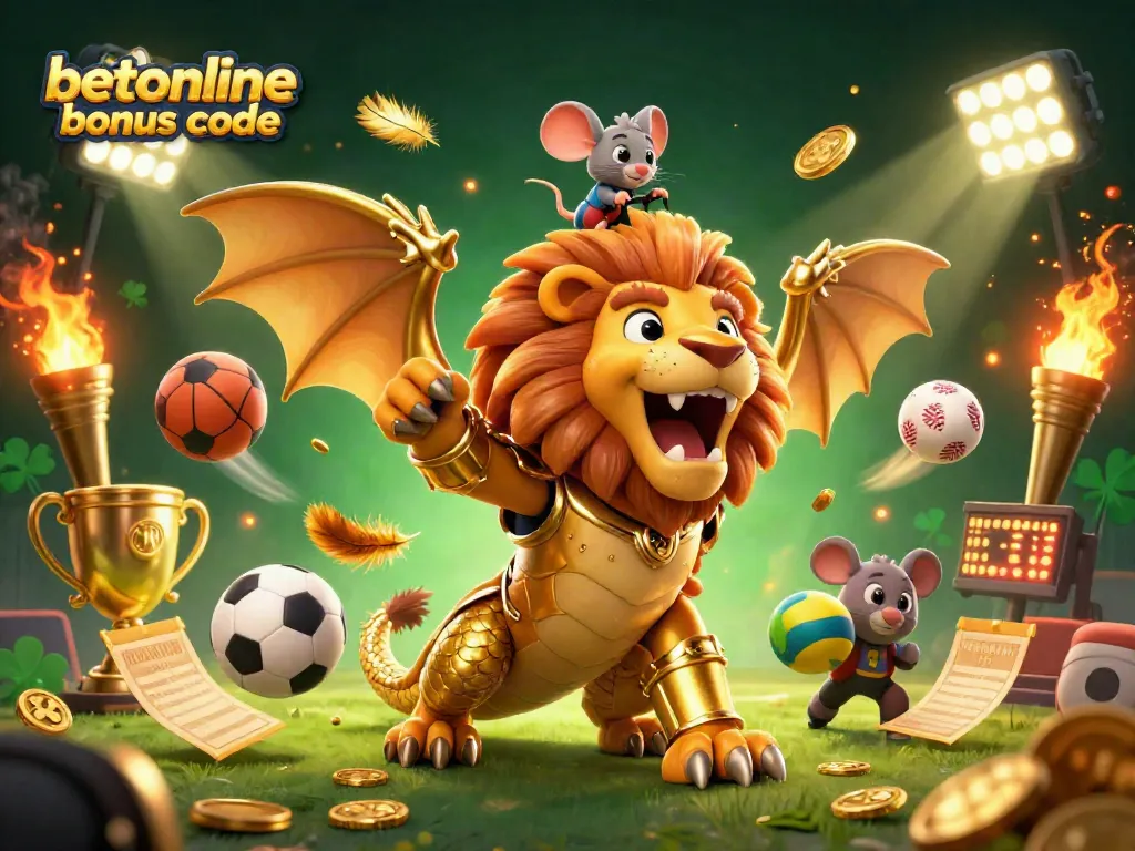 Win big with betonline bonus code amidst dynamic sports and casino elements in a vivid 3D illustration.