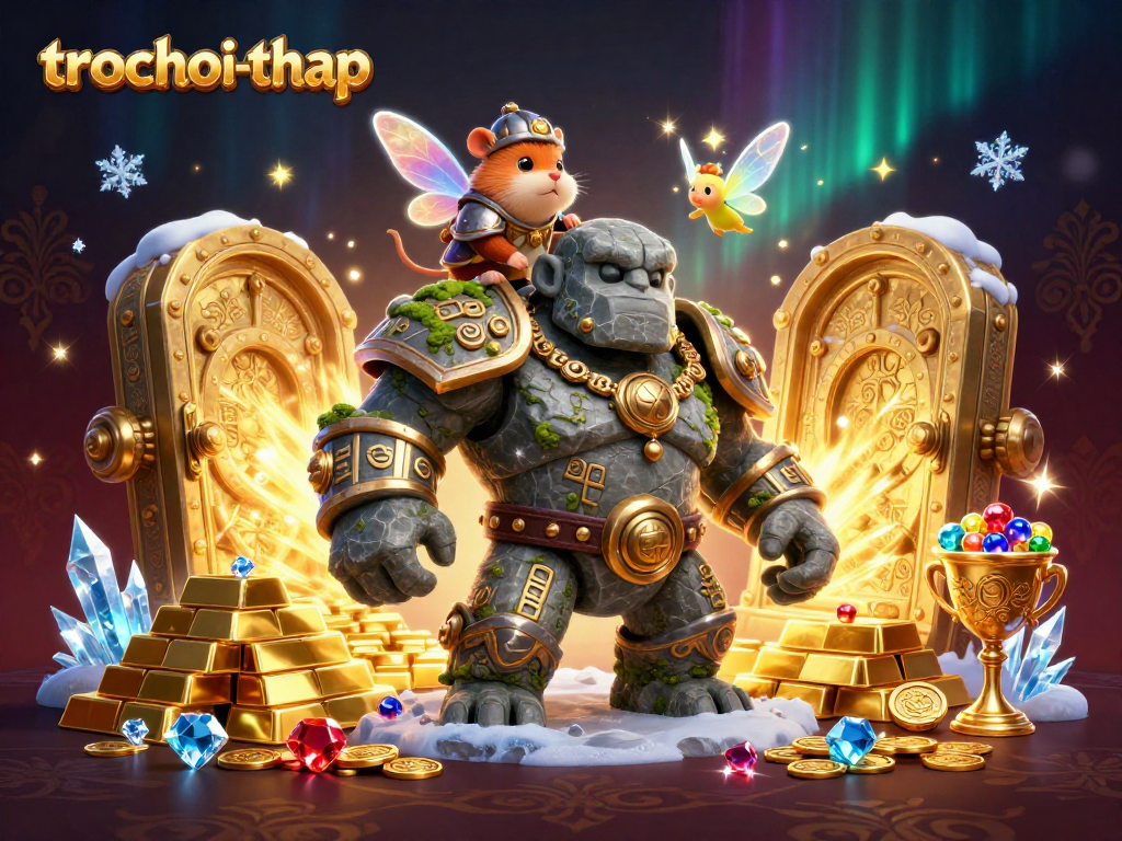 Engage in trochoi-thap with a vibrant scene of magic and golden treasures from a thrilling game.