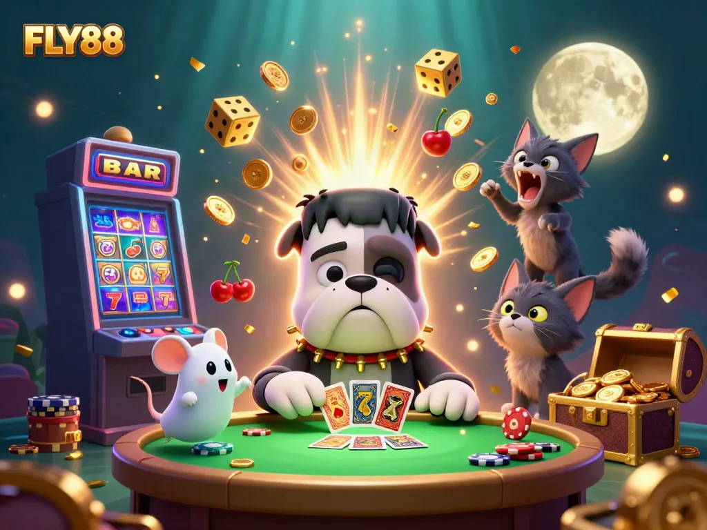 FLY88 brings excitement as a Frankenstein bulldog dealer sparks joy with casino gaming elements