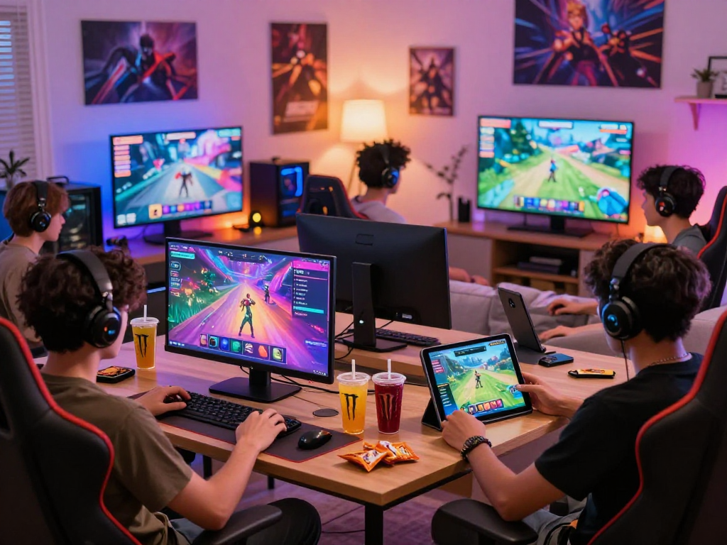 Engaging scene of players immersed in various porn games on multiple devices in a vibrant living room.