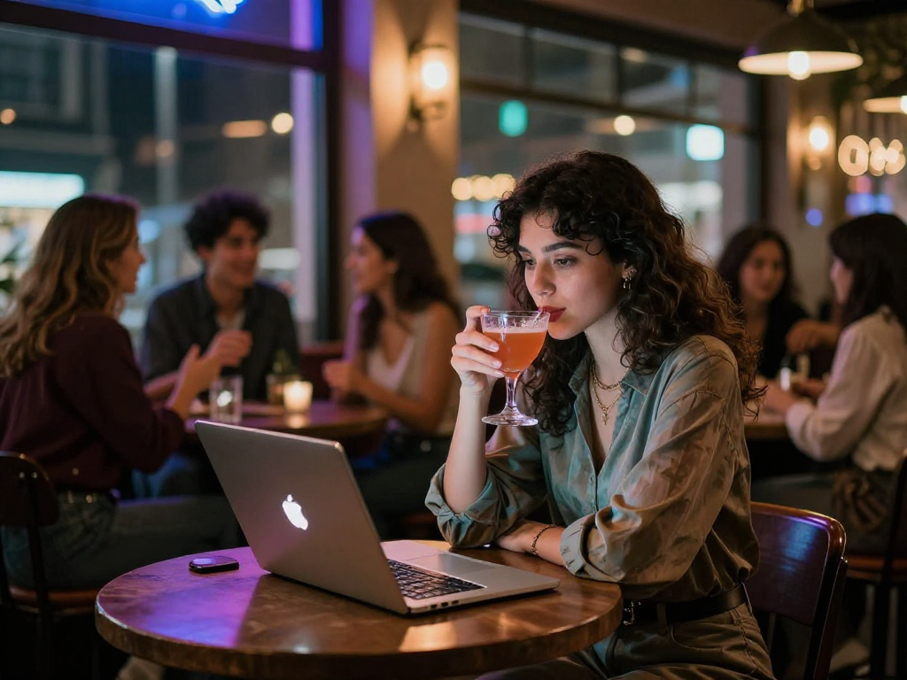 Gái gọi trong quán bar hiện đại, không gian ấm cúng với ánh đèn neon