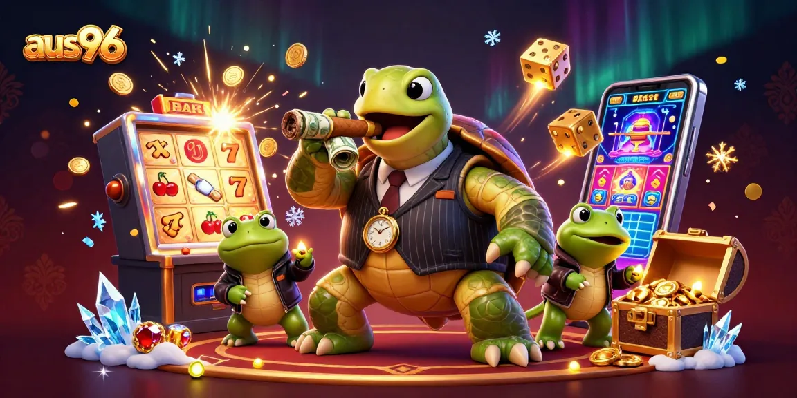 Win big at aus96's thrilling casino with a colorful 3D illustration of a snapping turtle mobster.