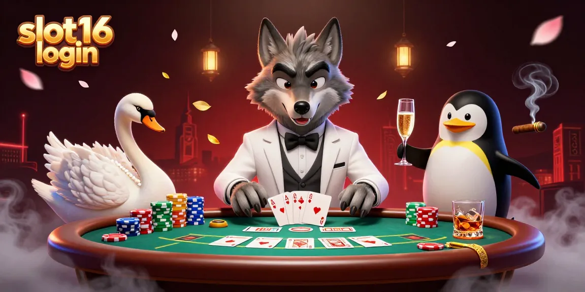 Experience the thrill of gaming with slot16 login, featuring a debonair wolf, elegant swan, and penguin sommelier at a vibrant casino scene.