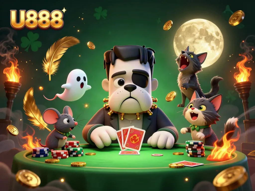 U888 showcases a vibrant casino scene with Frankenstein bulldog dealing cards and ghostly elements.