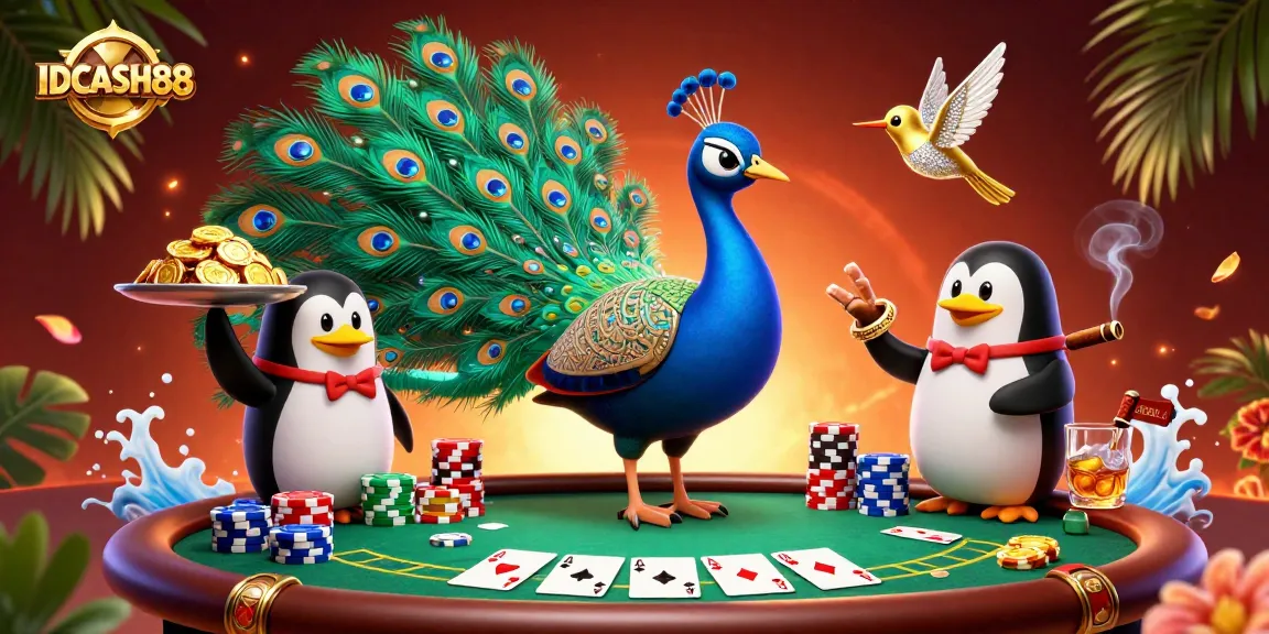 Engage with IDCASH88's vibrant casino scene featuring a peacock, penguin butler, and hummingbird.