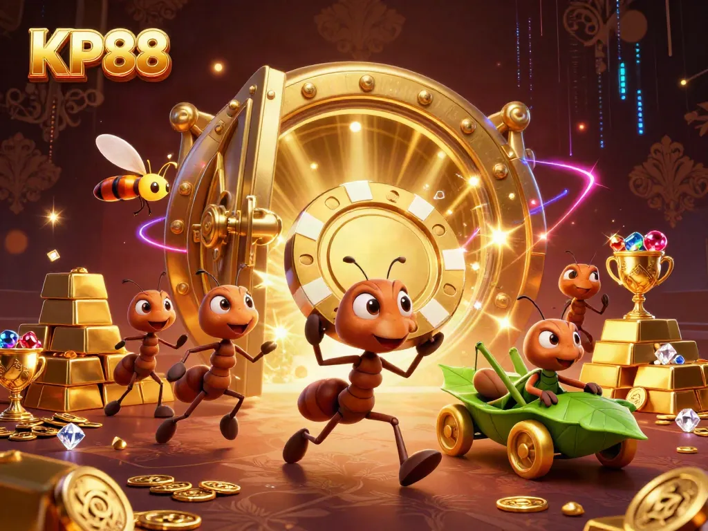Join KP88's heist with ant characters racing for golden poker chips amidst treasure!