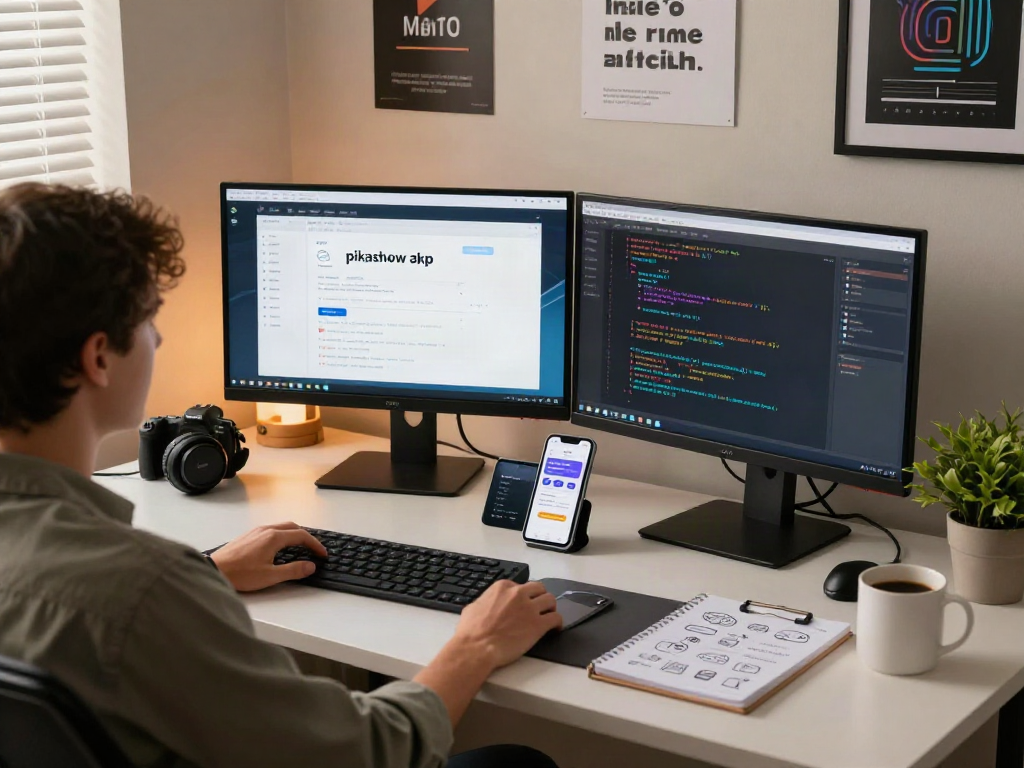 Engaging user testing the pikashow apk in a modern tech workspace with dual monitors and creative elements.